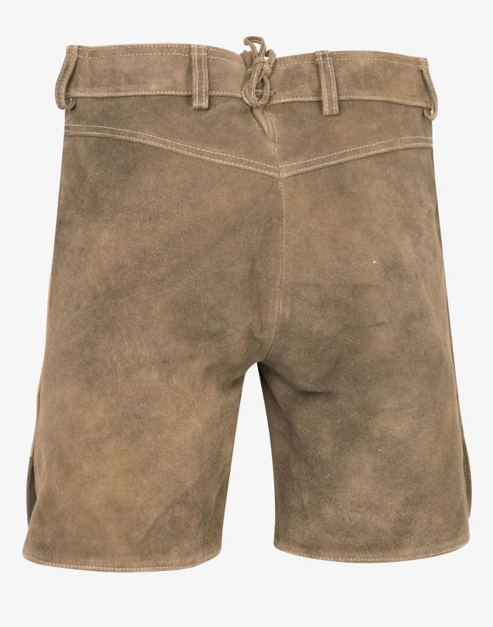 Back view of women’s beige leather lederhosen shorts with adjustable waist and traditional Bavarian design.