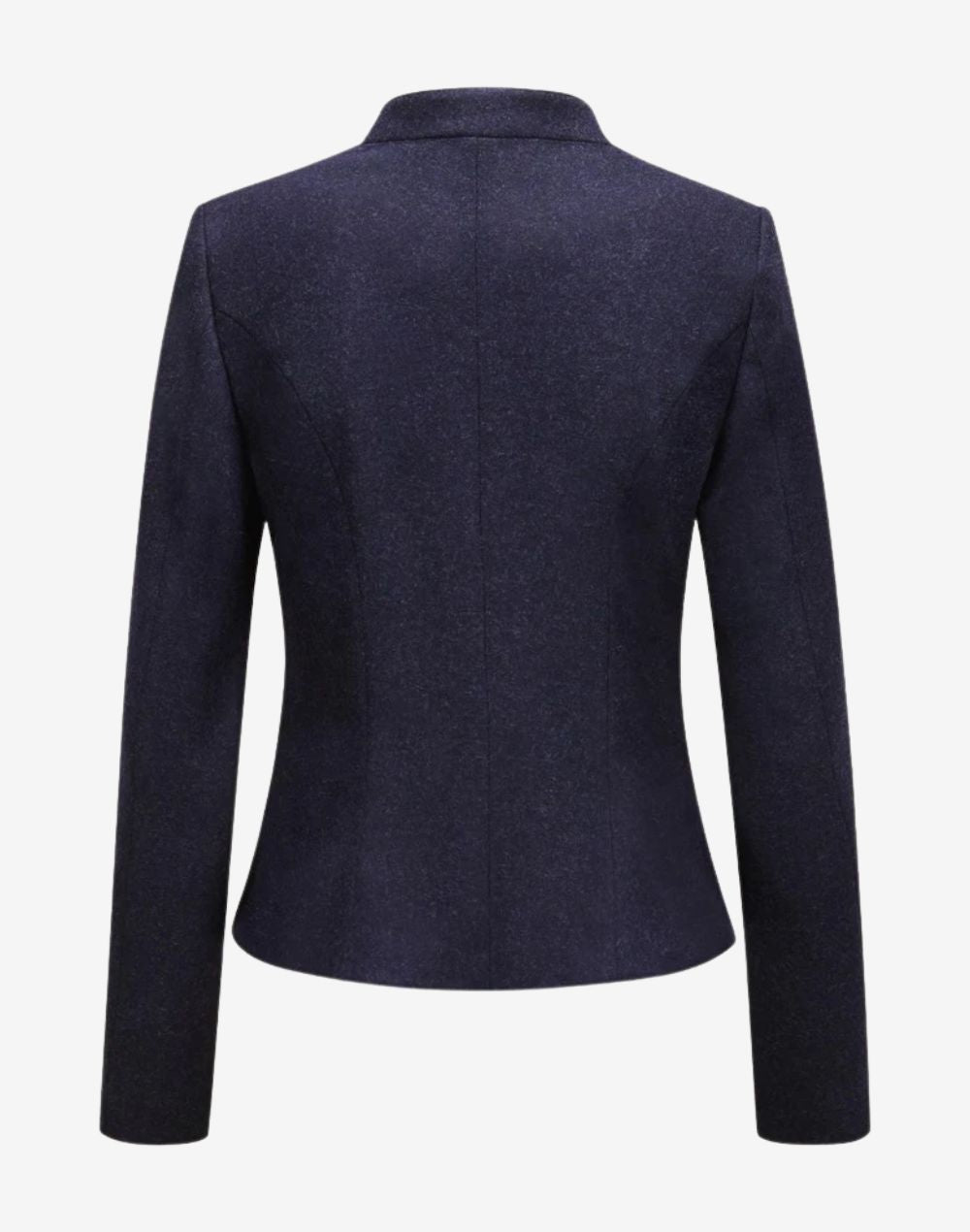 Back view of a women’s navy blue wool trachten jacket featuring a stand-up collar, tailored slim fit, long sleeves, and clean Alpine-inspired heritage design.