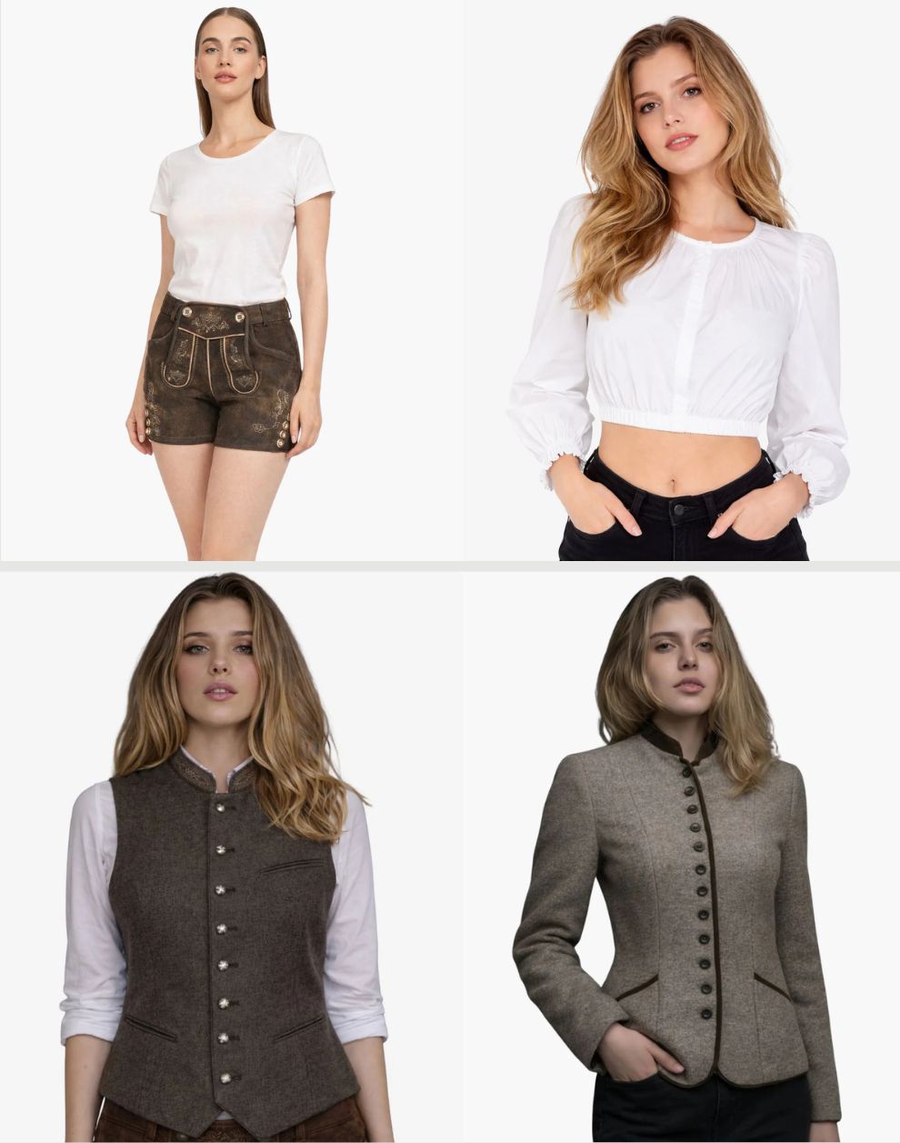 Four images of a woman wearing different outfits including a white shirt, brown shorts, black pants, vest, and jacket.