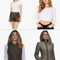 Four images of a woman wearing different outfits including a white shirt, brown shorts, black pants, vest, and jacket.