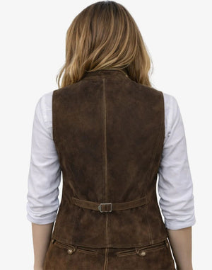 Brown leather vest worn by a person on a white background