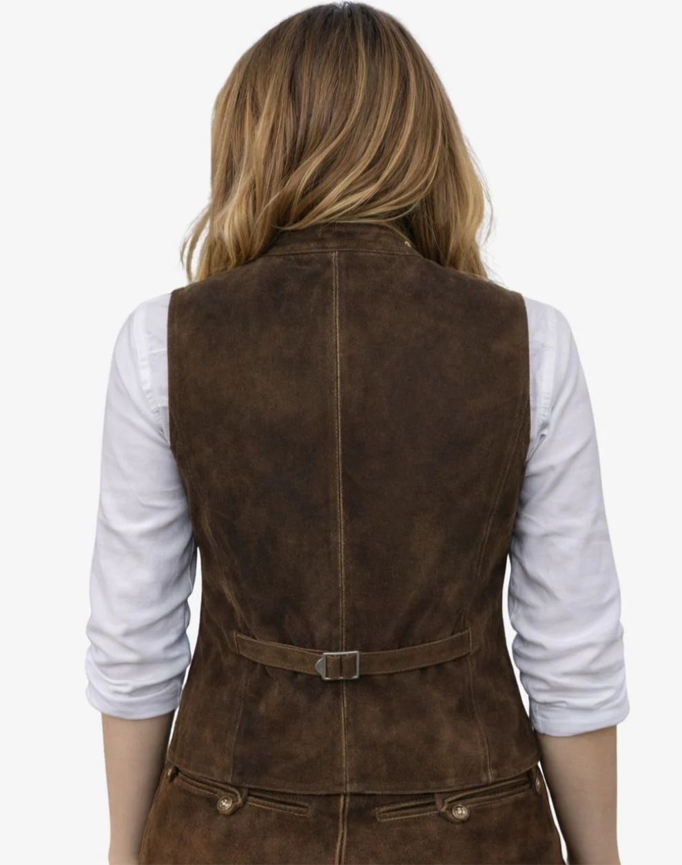 Brown leather vest worn by a person on a white background