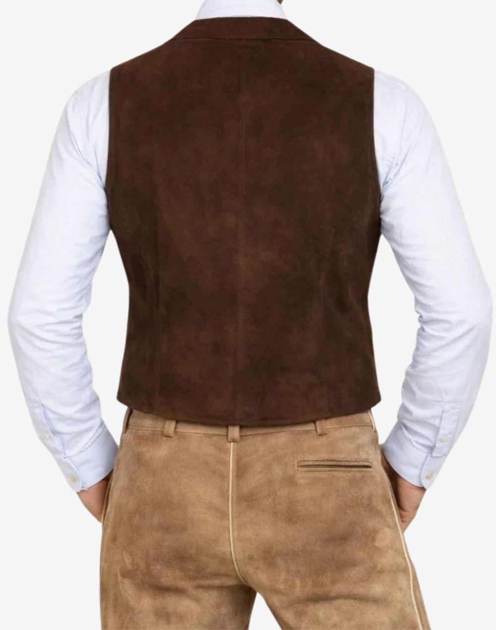 Back view of mens embroidered suede Trachten vest showcasing smooth dark brown suede texture, clean stitching, structured fit and authentic Bavarian traditional Oktoberfest clothing design.