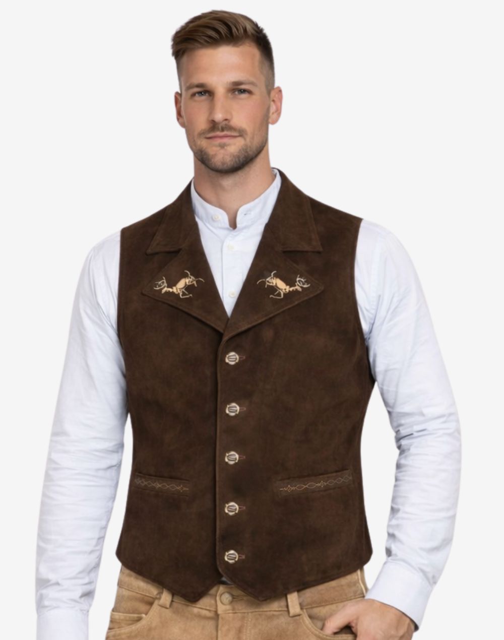Model wearing embroidered dark brown suede Trachten vest with white shirt and lederhosen, highlighting traditional Bavarian alpine fashion, detailed embroidery, premium material and Oktoberfest outfit style.
