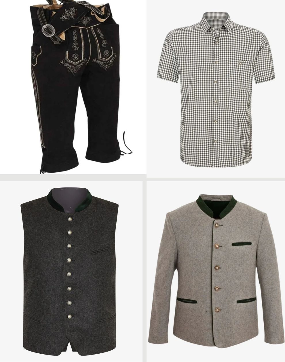 Collection of traditional German clothing items including pants, shirt, vest, and jacket.