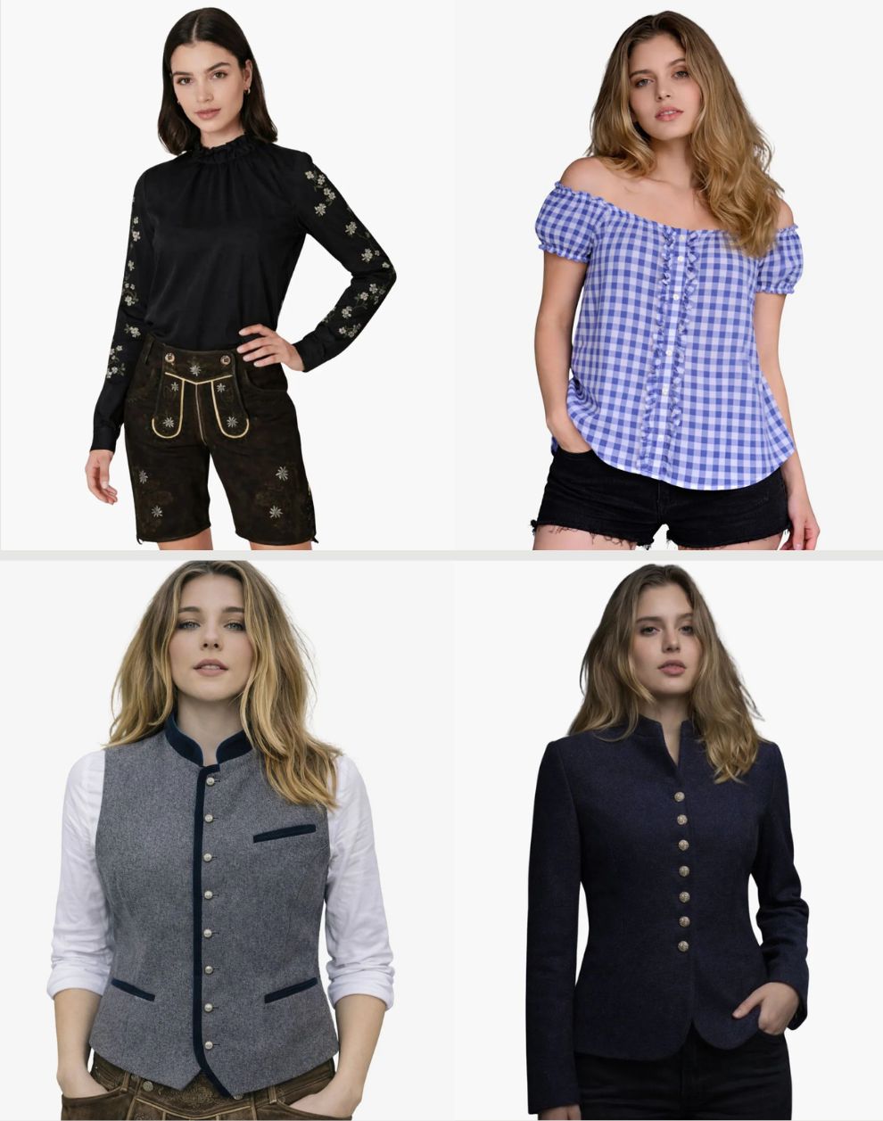 Four different outfits worn by a model on a white background