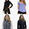 Four different outfits worn by a model on a white background