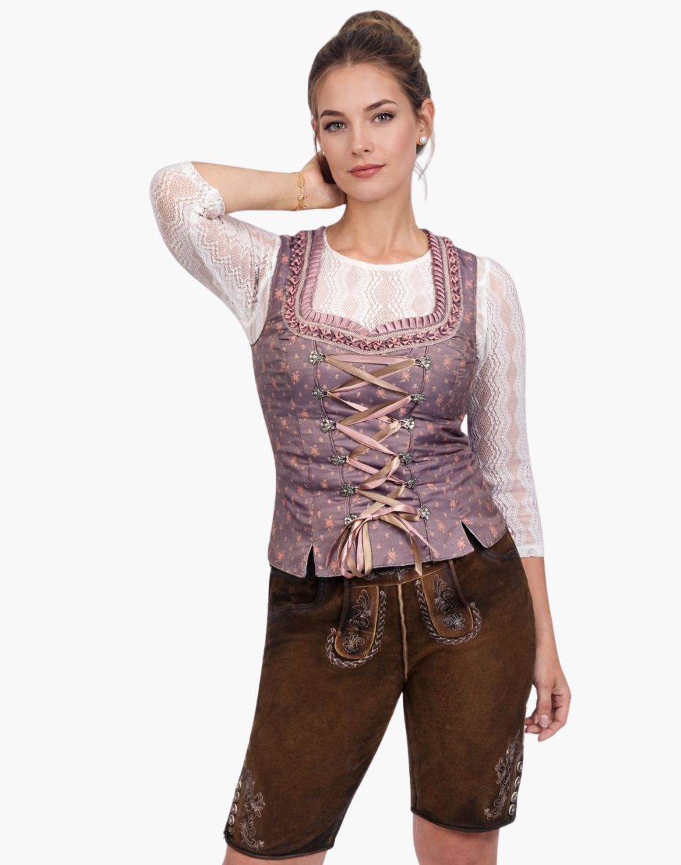 Woman wearing a traditional Bavarian outfit on a white background