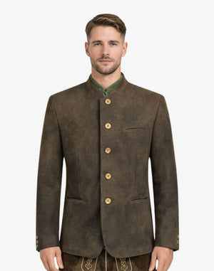 Man wearing a brown jacket with gold buttons on a white background