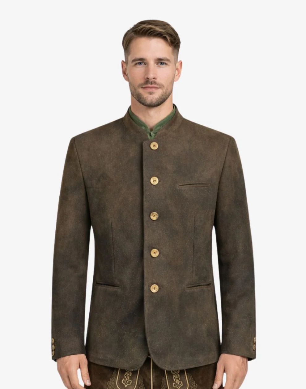 Man wearing a brown jacket with gold buttons on a white background
