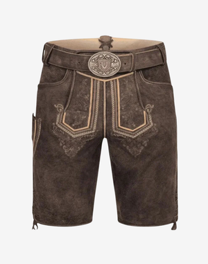 Fest Hunt Lederhosen for Men traditional brown leather shorts with ornate belt buckle and embroidered front bib detailing