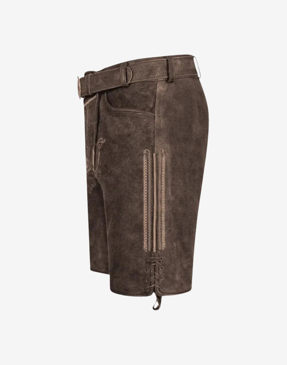 Fest Hunt Lederhosen for Men profile view highlighting lace-up leg hem, contrast stitching, and classic leather belt fit