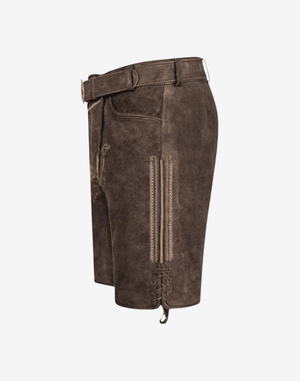 Fest Hunt Lederhosen for Men profile view highlighting lace-up leg hem, contrast stitching, and classic leather belt fit