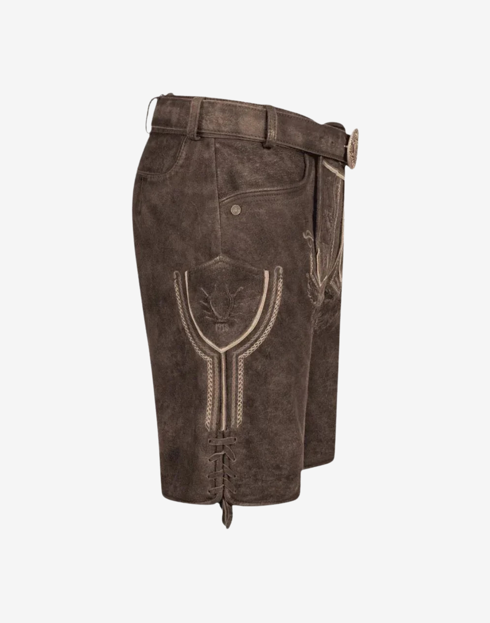 Fest Hunt Lederhosen for Men side view showing suede leather texture, stitched pocket, and decorative embroidery on thigh