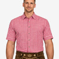 Model wearing Festival Ready Bavarian Shirts front view in red check pattern showing short sleeves and traditional fit