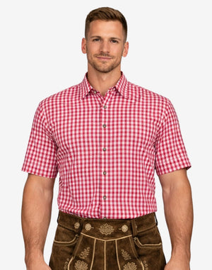 Model wearing Festival Ready Bavarian Shirts front view in red check pattern showing short sleeves and traditional fit