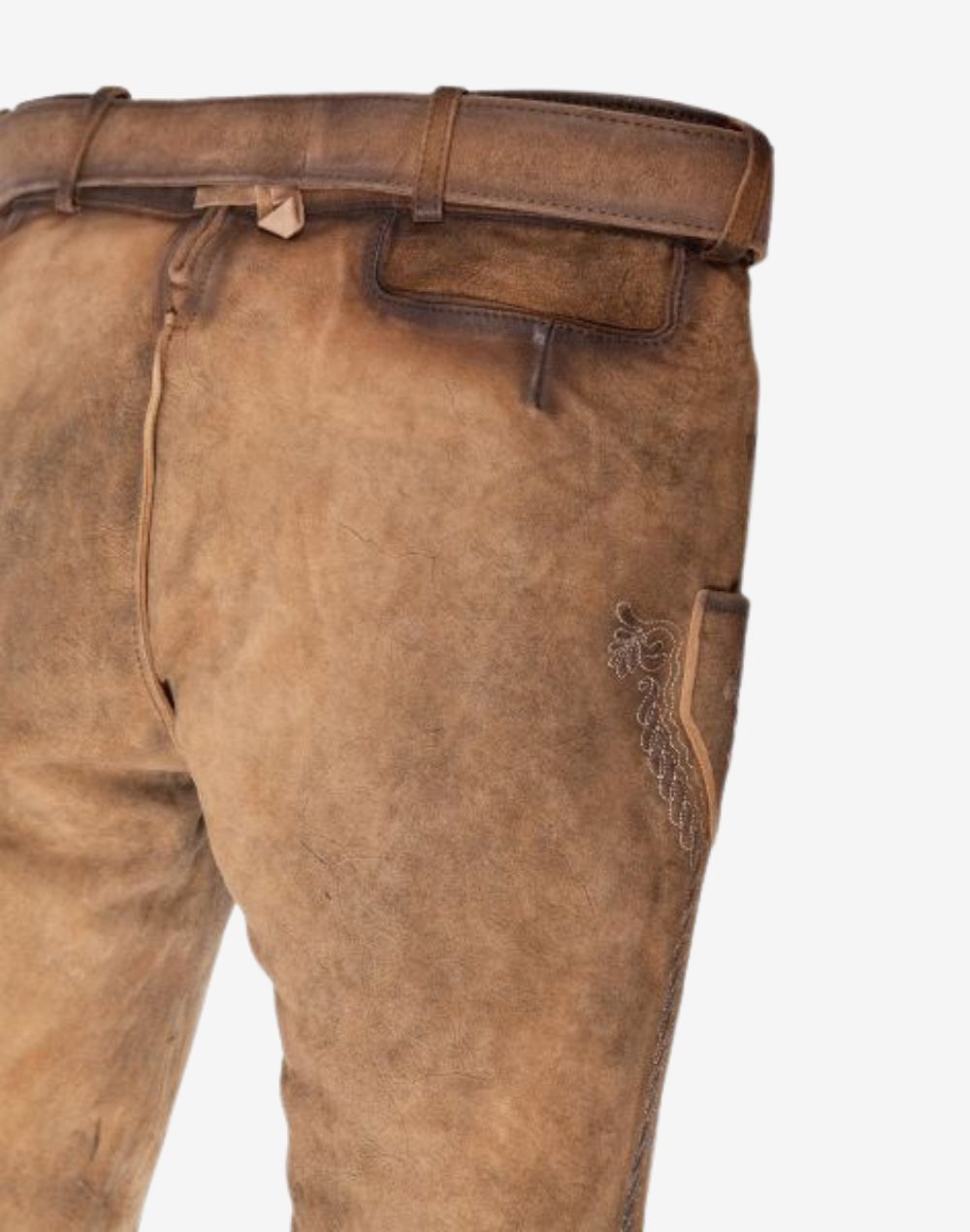 Back view of festival ready bundhosen showing rear stitching, pocket detail and authentic alpine leather construction for traditional wear