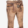 Front view of festival ready bundhosen for men featuring light brown leather, embroidered flap detail and traditional Bavarian knee-length style