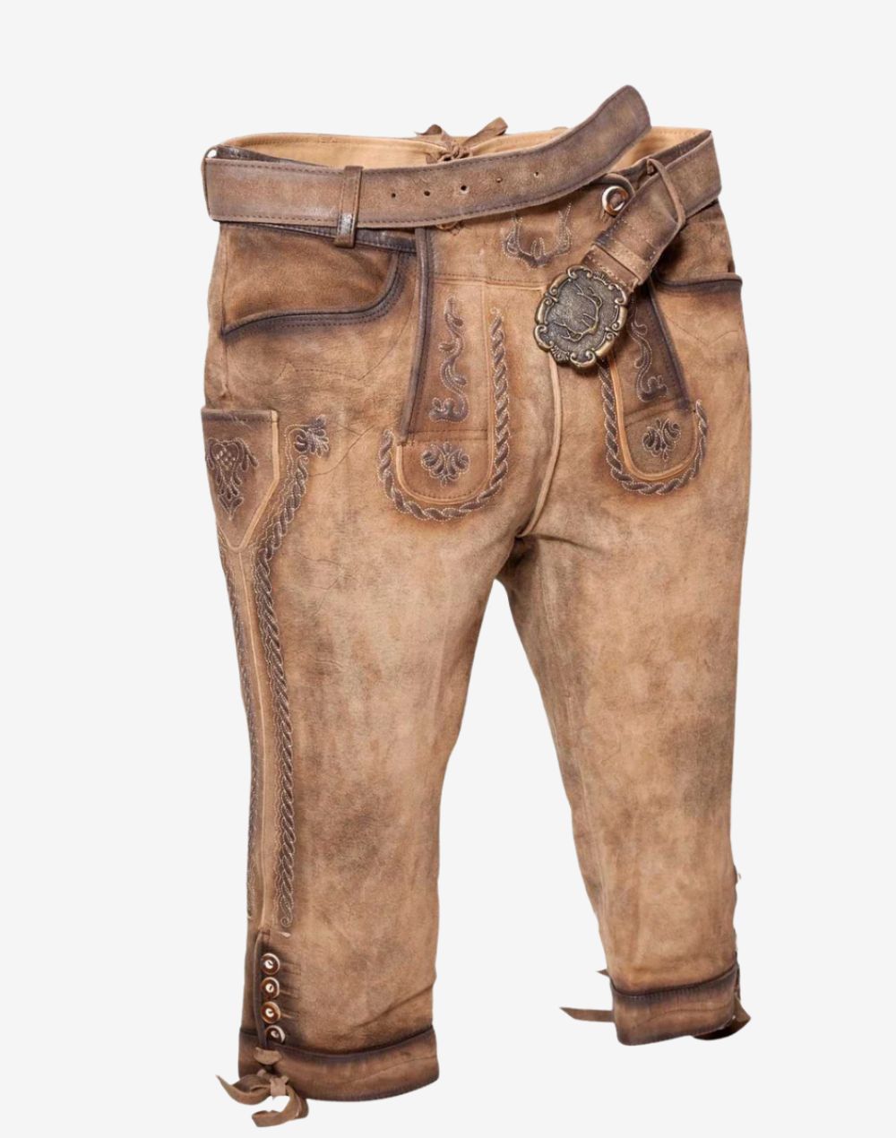 Front view of festival ready bundhosen for men featuring light brown leather, embroidered flap detail and traditional Bavarian knee-length style