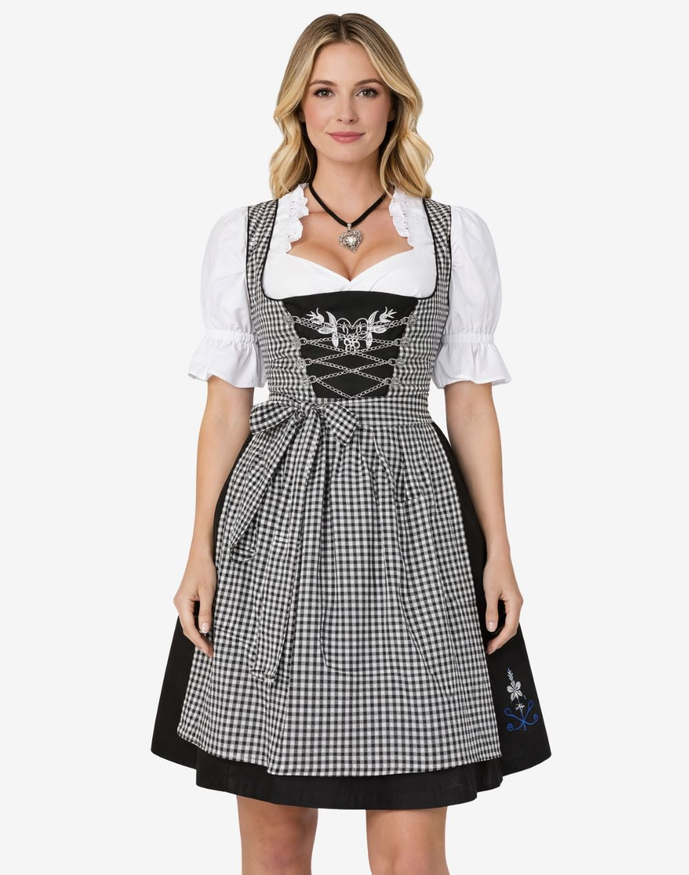 Front view of festival ready dirndl dress worn by model featuring check apron, lace blouse and classic Bavarian fit style