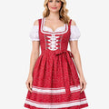 Model wearing festival ready dirndl dress front view featuring fitted bodice, lace trim neckline and apron tie waist design