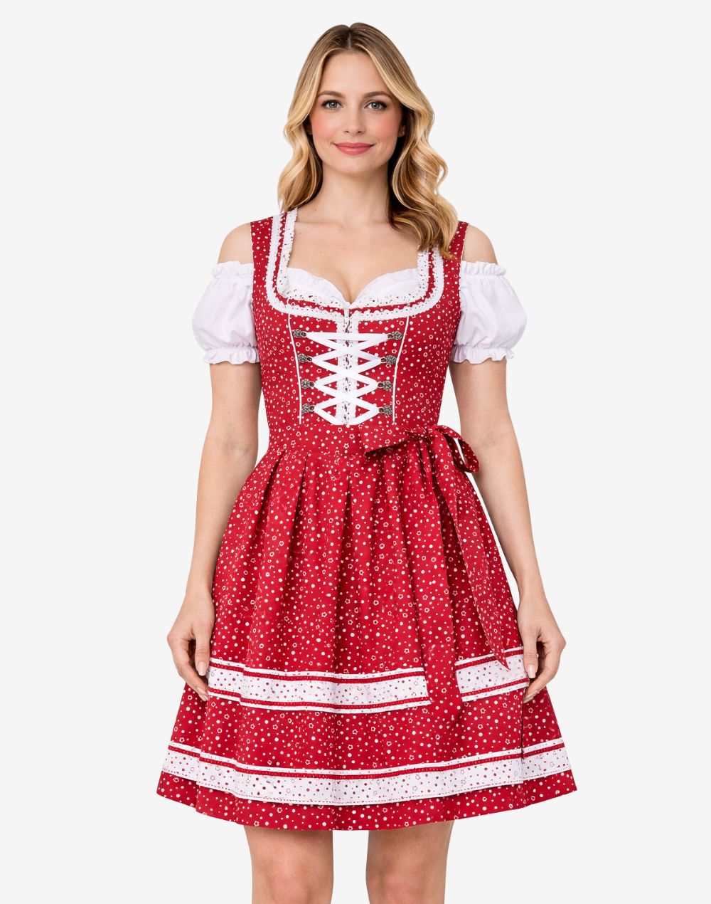 Model wearing festival ready dirndl dress front view featuring fitted bodice, lace trim neckline and apron tie waist design