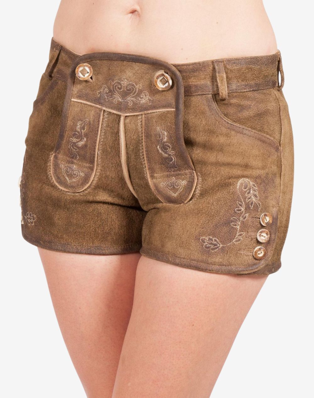 Front view of brown women’s leather lederhosen shorts featuring traditional embroidered patterns, decorative front flap, side pocket, and button details on a vintage-style finish.
