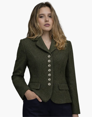 Front view of a woman wearing an olive green tailored jacket with a notched collar and a vertical row of decorative silver-tone buttons down the front. The fitted jacket features flap pockets at the waist and structured seams that contour the silhouette, paired with dark trousers. The background is plain light gray in a clean studio setting.