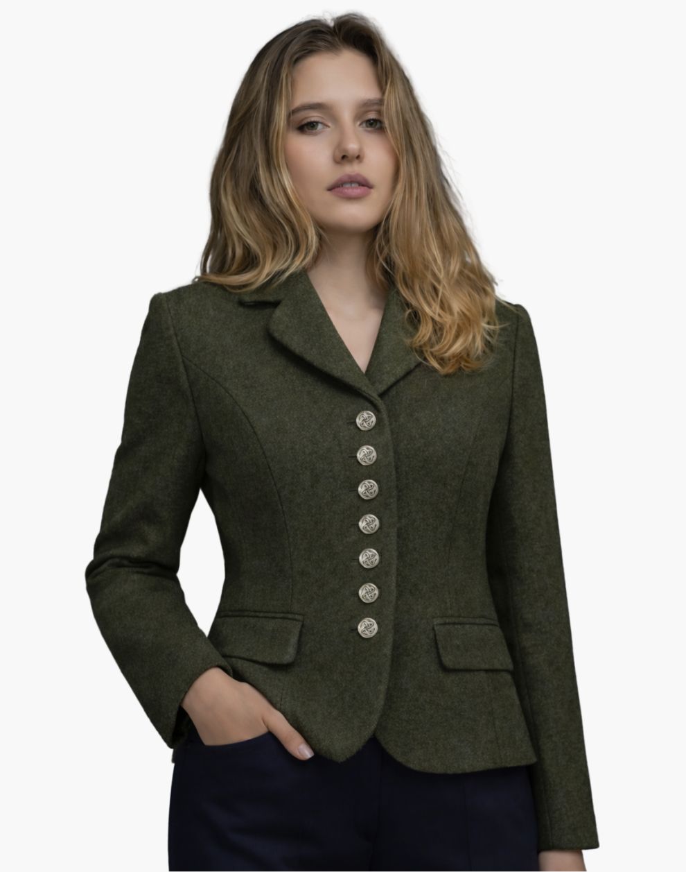 Front view of a woman wearing an olive green tailored jacket with a notched collar and a vertical row of decorative silver-tone buttons down the front. The fitted jacket features flap pockets at the waist and structured seams that contour the silhouette, paired with dark trousers. The background is plain light gray in a clean studio setting.
