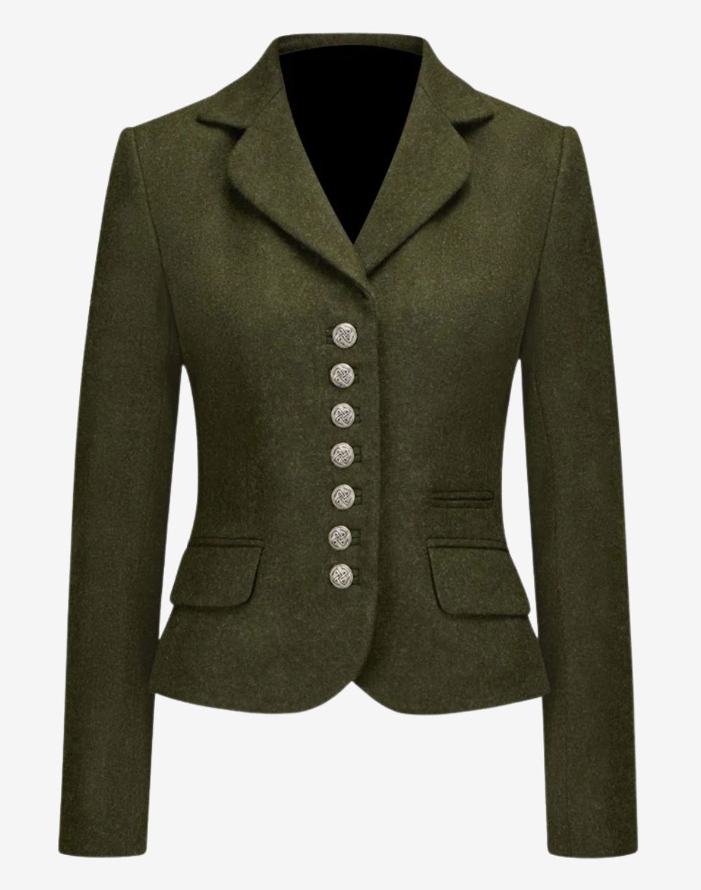 Front view of a women’s olive green tailored trachten-style jacket featuring a fitted silhouette, lapel collar, decorative metal buttons, long sleeves, and traditional Alpine-inspired design details.