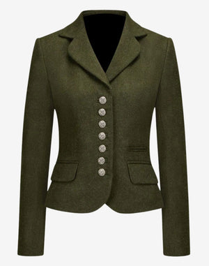 Front view of a women’s olive green tailored trachten-style jacket featuring a fitted silhouette, lapel collar, decorative metal buttons, long sleeves, and traditional Alpine-inspired design details.