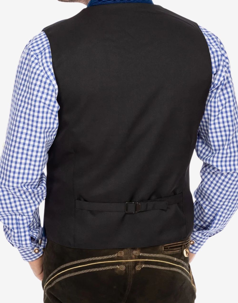 Back view of festival ready Trachten vest for men featuring adjustable waist strap, smooth satin lining and traditional Bavarian Oktoberfest styling