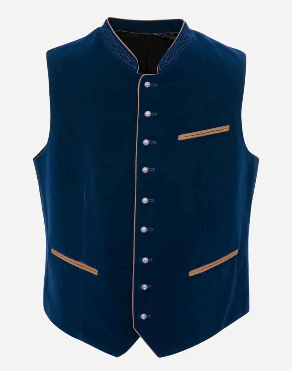 Front view of festival ready Trachten vest for men in deep blue velvet with traditional Bavarian buttons, classic Oktoberfest waistcoat design and elegant tailored fit