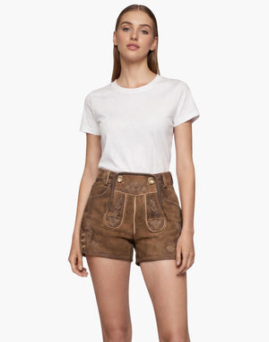 Woman wearing a white t-shirt and brown shorts on a white background