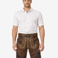 Front view of model wearing Folk Fest Lederhosen for Men in brown leather with Bavarian embroidery and traditional belt buckle