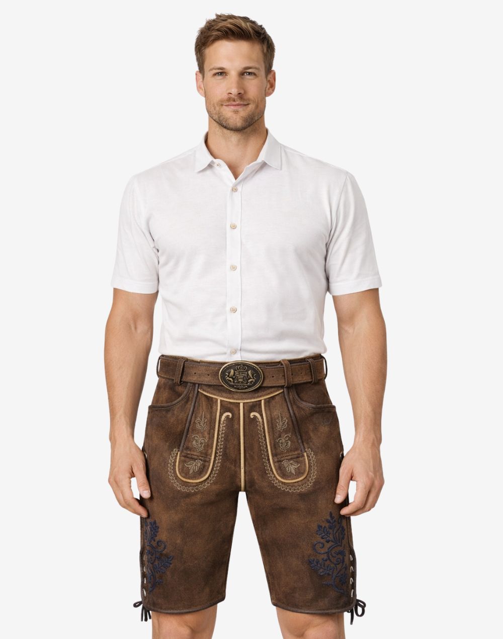 Front view of model wearing Folk Fest Lederhosen for Men in brown leather with Bavarian embroidery and traditional belt buckle