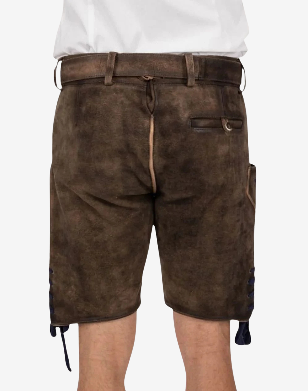 Folk Fest Lederhosen for Men back view showing classic leather short cut, rear pocket seam, and adjustable lace-up cuffs