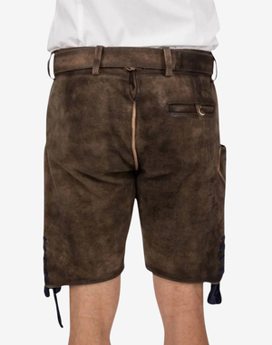 Folk Fest Lederhosen for Men back view showing classic leather short cut, rear pocket seam, and adjustable lace-up cuffs