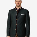 Back view of forest green Trachten jacket for men showcasing clean tailored silhouette, smooth fabric finish, structured fit, and authentic Bavarian Oktoberfest traditional outerwear design.