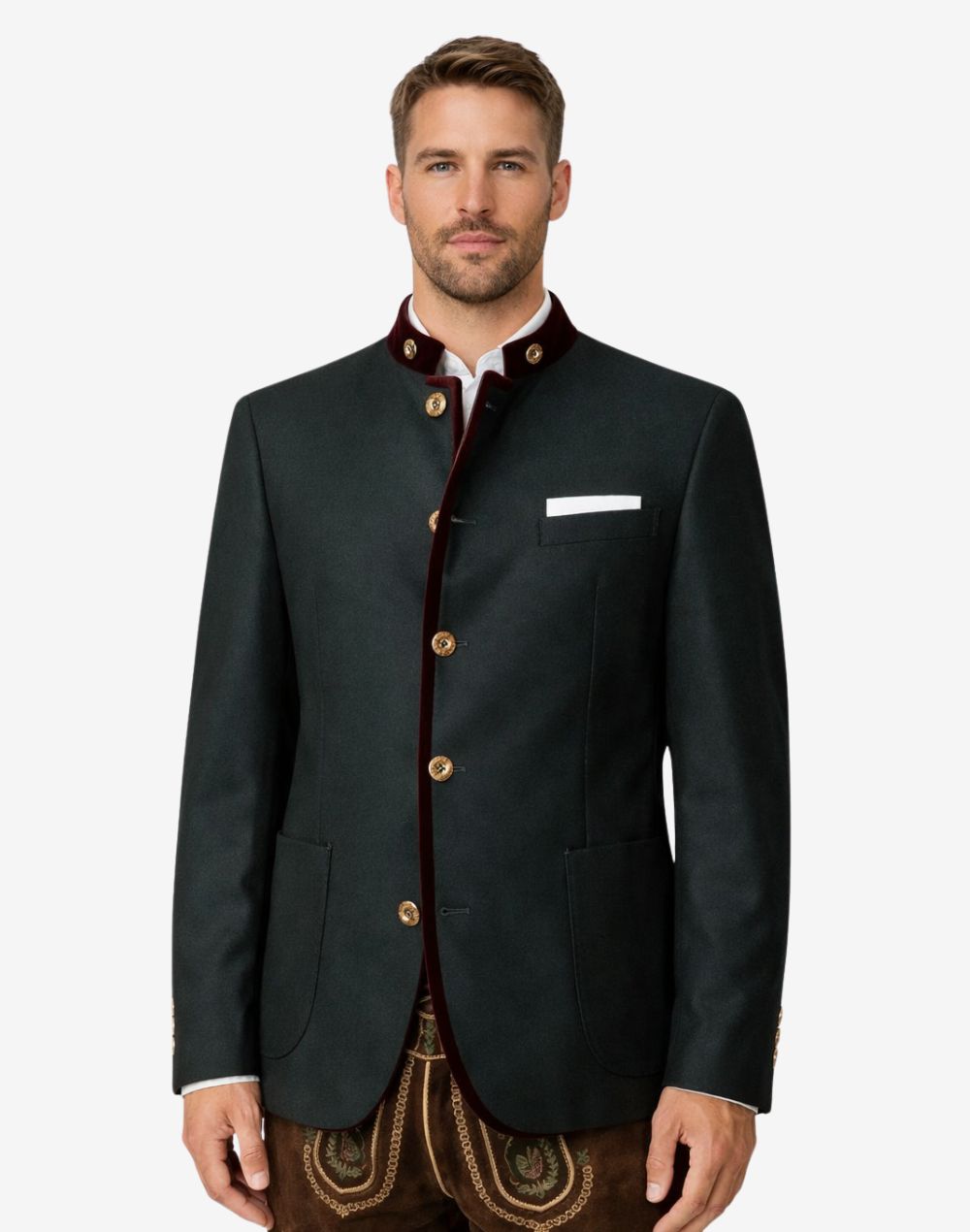 Back view of forest green Trachten jacket for men showcasing clean tailored silhouette, smooth fabric finish, structured fit, and authentic Bavarian Oktoberfest traditional outerwear design.
