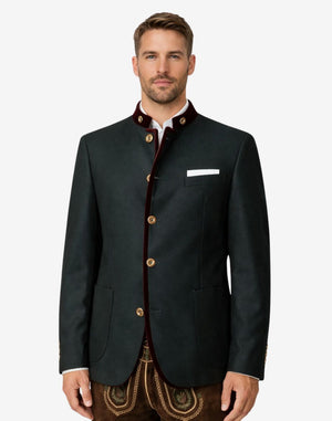 Back view of forest green Trachten jacket for men showcasing clean tailored silhouette, smooth fabric finish, structured fit, and authentic Bavarian Oktoberfest traditional outerwear design.