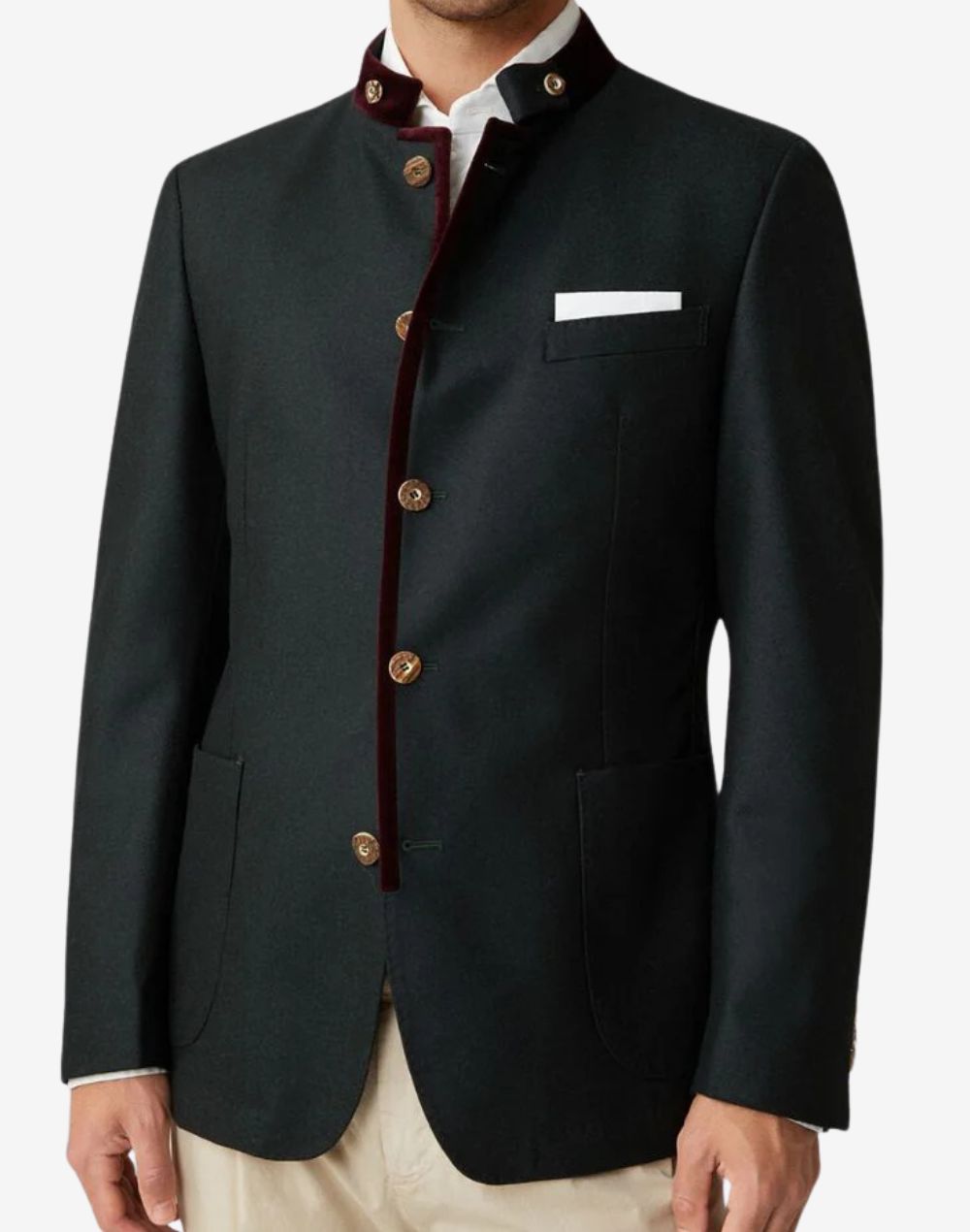 Front view of forest green Trachten jacket for men featuring traditional Bavarian design, stand collar with velvet trim, decorative buttons, tailored fit, and elegant Oktoberfest styling.