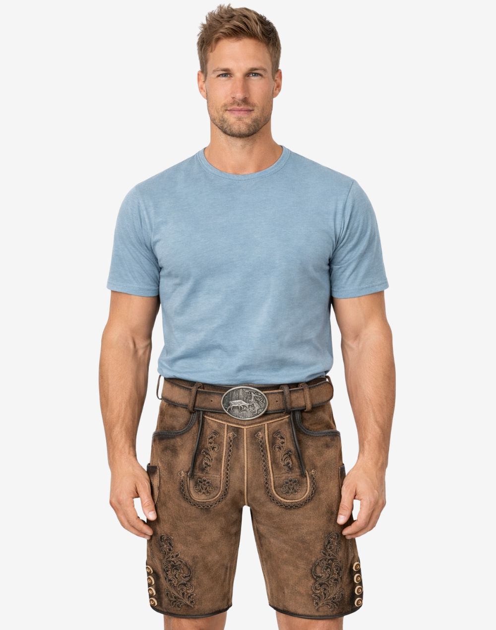 Model wearing forest scene suede lederhosen for men with Bavarian embroidery and traditional Oktoberfest style