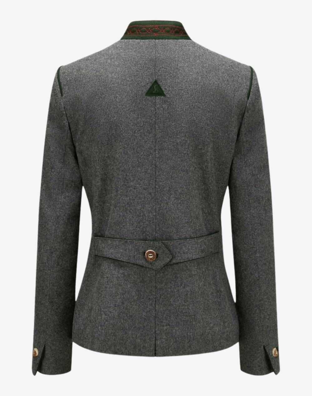 Back view of a women’s grey Bavarian-style trachten jacket featuring a tailored fit, decorative waist tab with button detail, green-trimmed stand collar, and traditional Alpine-inspired design.