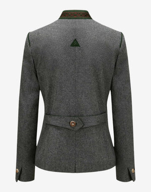 Back view of a women’s grey Bavarian-style trachten jacket featuring a tailored fit, decorative waist tab with button detail, green-trimmed stand collar, and traditional Alpine-inspired design.