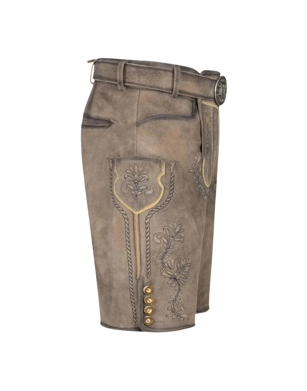 Genuine Leather Lederhosen side profile showing pocket trim thigh embroidery and buttoned hem