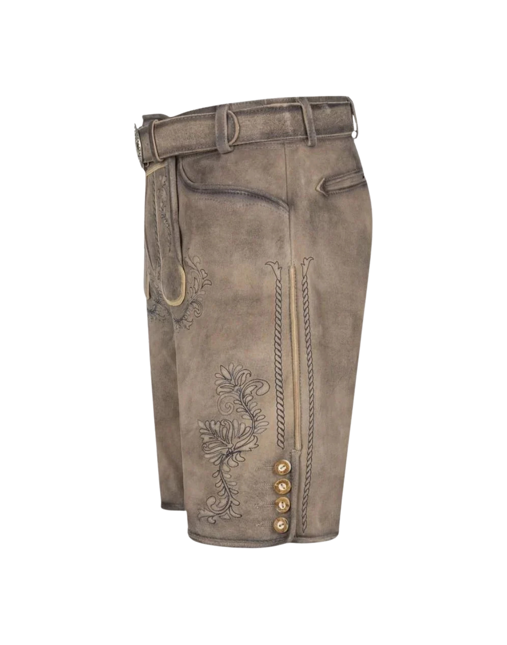 Genuine Lederhosen Men Leather angled side view with stitched seam leg embroidery and cuff buttons