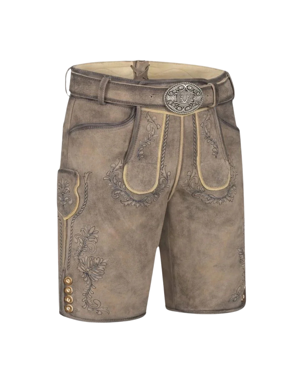 Close front angle of Men Genuine Leather Lederhosen highlighting bib panel piping metal buckle and embroidery