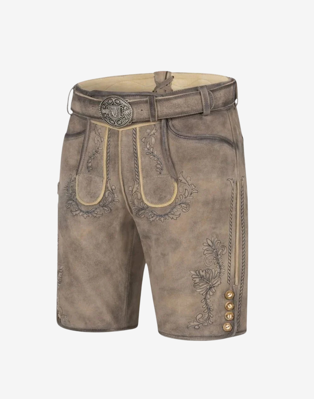 Three quarter view of Men Genuine Leather Lederhosen showing belt buckle bib flap pocket edge and floral stitching