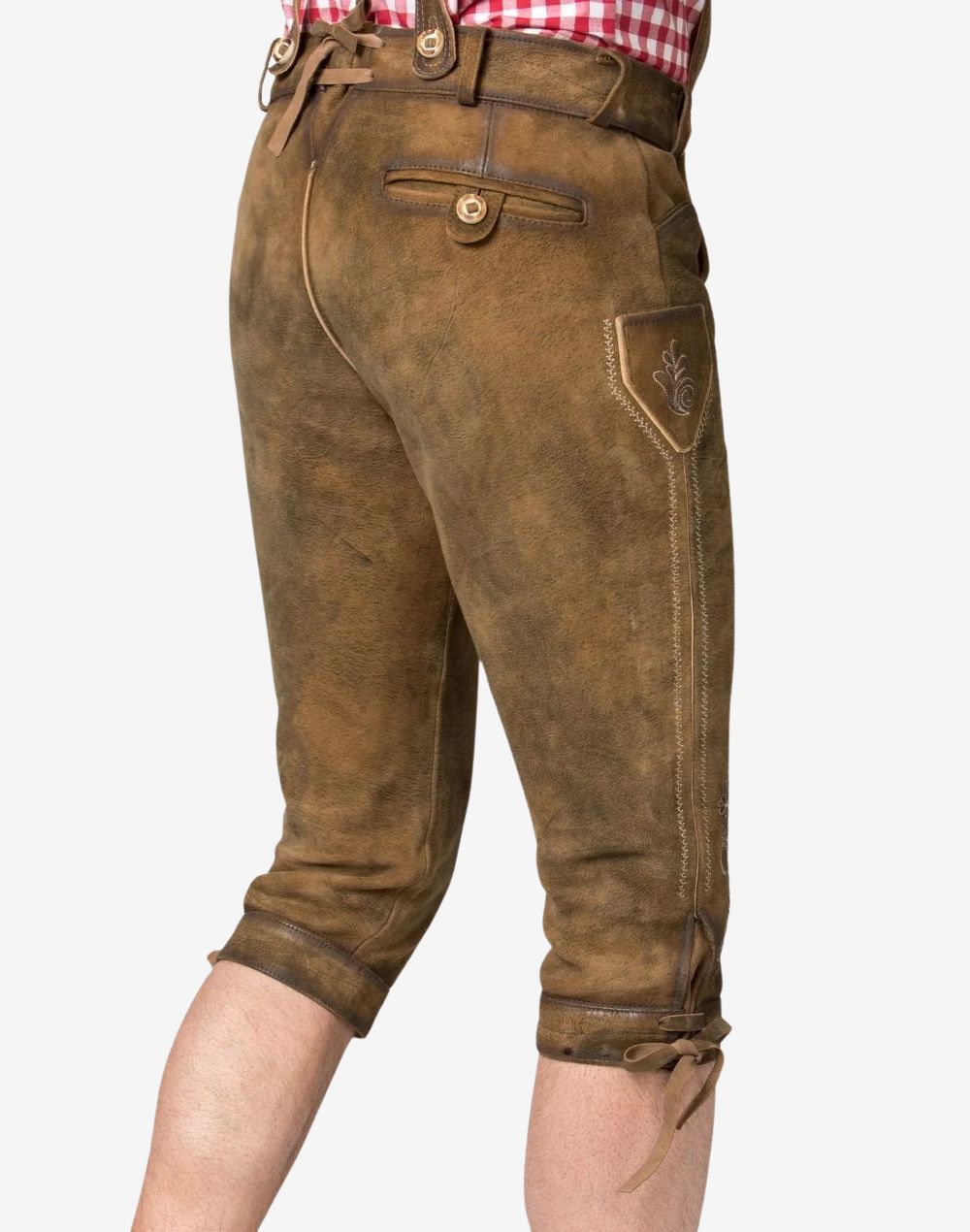 Rear side view of German bundhosen showing back pocket, leather finish and adjustable knee ties in classic Bavarian style.